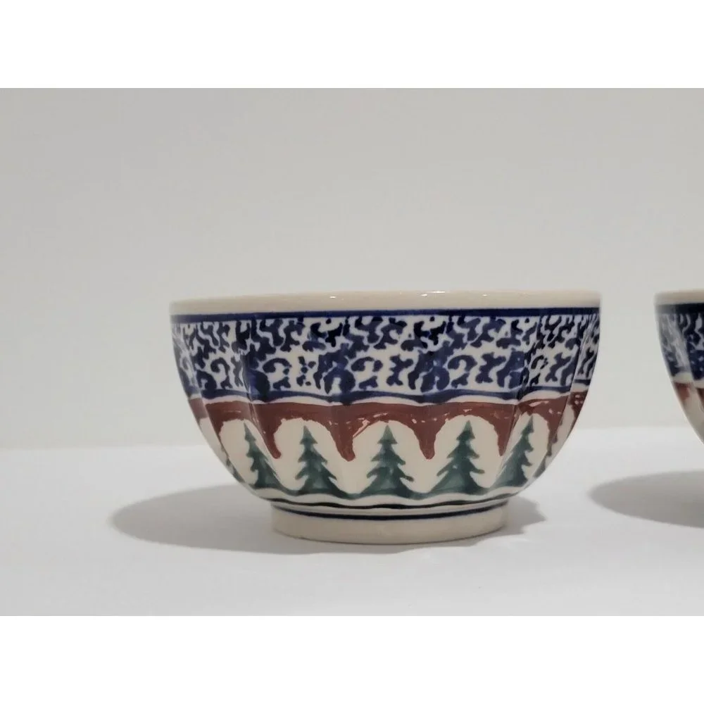 2x Boleslawiec Polish Pottery Ramekin Bowl Christmas Tree‎ Stars Pine Boughs